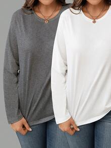 EMERY ROSE 女士灰白两件套圆领长袖T恤，休闲百搭，适合秋冬季穿着 - 彩色 - 查看 1