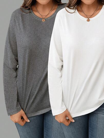 EMERY ROSE 女士灰白两件套圆领长袖T恤，休闲百搭，适合秋冬季穿着