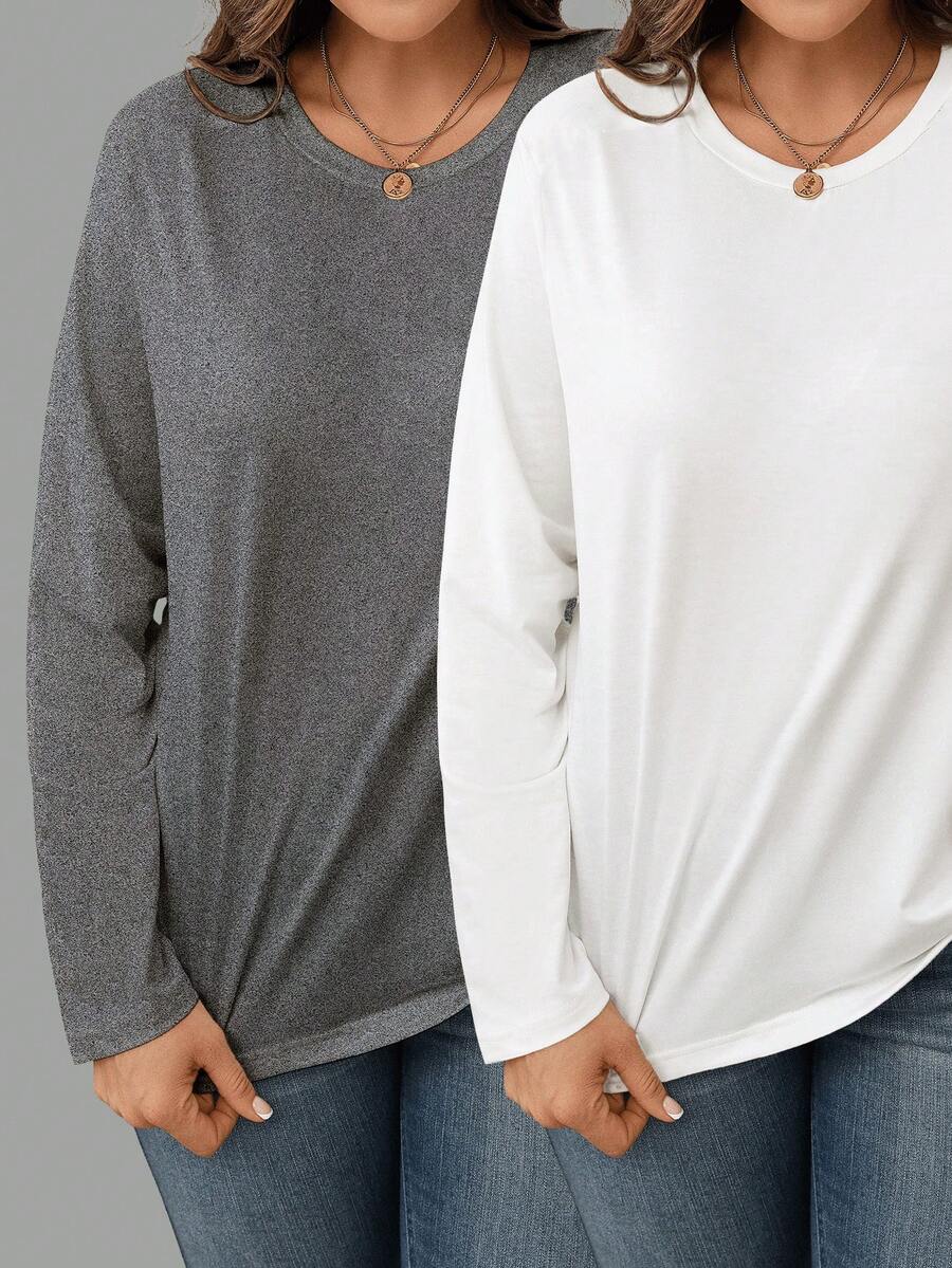 EMERY ROSE 女士灰白两件套圆领长袖T恤，休闲百搭，适合秋冬季穿着 - 彩色 - 查看 1