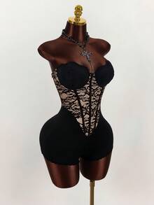 Amplova Plus Size Sexy Lace Patchwork Bustier Bodysuit - Black - View 3