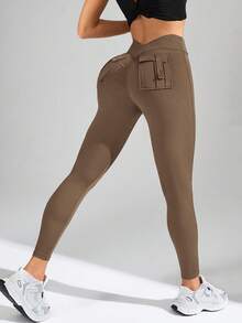 Activina Quần legging thể thao cạp cao màu trơn thiết kế túi đơn giản cho nữ - màu nâu - Xem 8