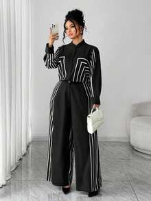 Elenzga 女式立领数码印花几何线条图案长袖前开衫，法式优雅风格；搭配直筒印花裤，适合办公室穿着和日常穿着 - 黑色 - 查看 7