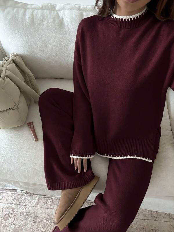 Sunnyshic 2pcs Women Contrast Trim Long Sleeve Sweater Top And Pants Set Fall Winter Cloth For Women