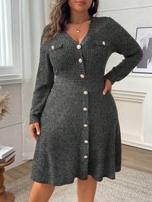 Vionelle Plus Size V-Neck Solid Color Long Sleeve Cinched Waist A-Line Midi Dress - Dark Grey - View 4