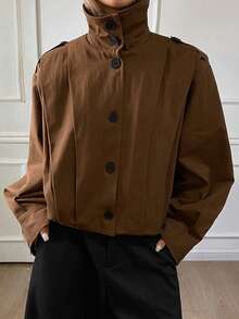 DAZY Vintage American Street Pleated Design Loose Casual Jacket, Versatile Short Outerwear For Women - Brown - View 1