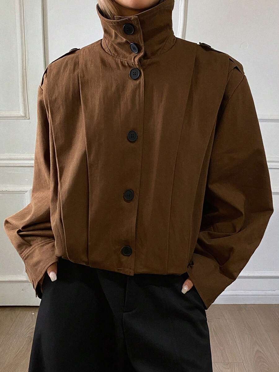 DAZY Vintage American Street Pleated Design Loose Casual Jacket, Versatile Short Outerwear For Women - Brown - View 1