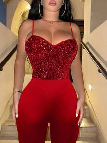 Zolique 女士吊带露背直筒亮片连体裤 - 酒紅色 - 查看 4