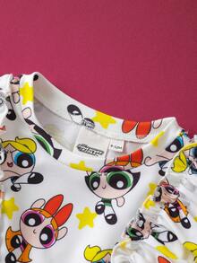 THE POWERPUFF GIRLS X SHEIN Baby Girl Sweet Cute Cartoon Blossom, Bubbles, Buttercup Pattern Ruffle Trim Long Sleeve Knit White Dress - Pink - View 5