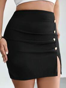 Firerie Plus Size Solid Color Versatile Commuter Split Hem Skirt - Black - View 3