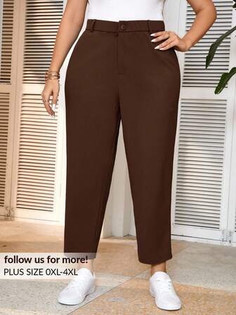 Elaquor Plus Size Brown Button Formal Elegant Suit Pants In Fall/Winter