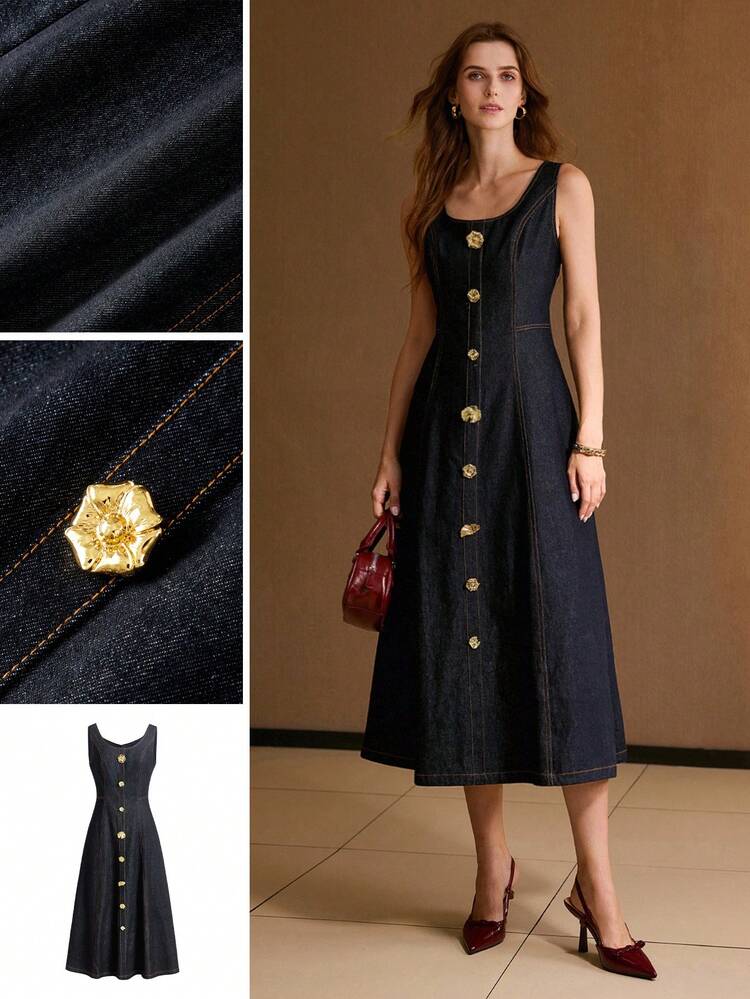 SCOOP NECK METAL DETAIL FLARE HEM DENIM DRESS