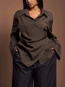 Veslaya 2025 New Autumn/Winter Coffee Brown Fold Collar Long Sleeve Blouse/Shirt, Suitable For Commuting, Casual, Layering, Jacket Pairing, Pants Pairing, Skirt Pairing, Versatile Item - Coffee Brown - View 9