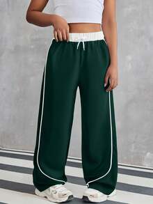 Sparklyn 青少年女孩休闲百搭街头运动百搭黑白撞色饰边宽松阔腿裤，度假，夏季，旅行 - 綠色 - 查看 3