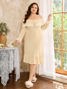 Côtesoire Plus Size Off Shoulder Lace Splice Long Sleeve Nightgown, French Romantic Elegant, Winter - Beige - View 3