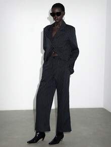 Lumivelle Women's Fashion Crossed Wrap Lapel Striped Suit Set - Brown - View 6