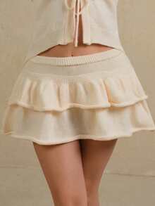 Glamine Beige gestrickter doppellagiger Kuchenrock mit eingebauter Sicherheitsshorts, vintage inspiriertes Pullover & Rock Set für Frauen