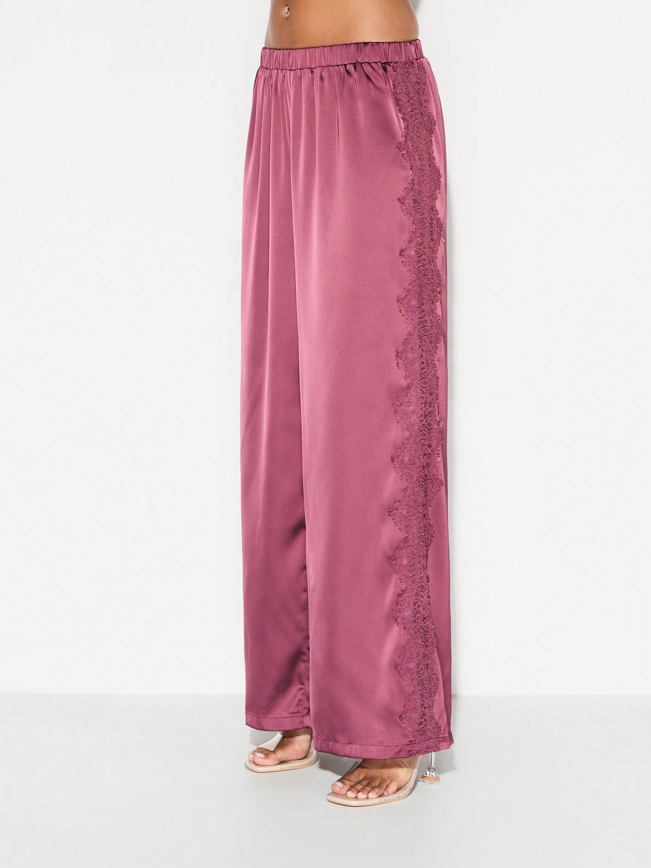 KIZN Satin Wide Leg Pants With Lace Trim