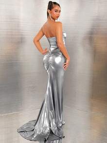 SHEIN SXY 秋季女装；金色束身细节超长连衣裙；适合鸡尾酒会、浪漫约会、秋冬季、叠穿、派对、正式活动、伴娘礼服、夜生活、万圣节、圣诞节；节日派对礼服；新年夜礼服；新年女士服装 - 銀色 - 查看 2