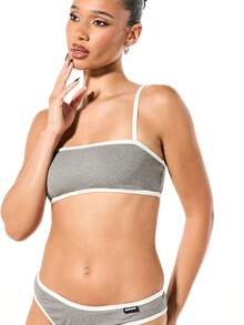 SUMWON WOMEN Ribbed Contrast Binding Bra And Panty Set With Straight Across Neckline And Mid Rise Bottom - Grey - View 6