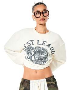 SUMWON WOMEN Vintage College Basketball Champions Long Sleeve Graphic Tee With Distressed Print Design - White - View 5