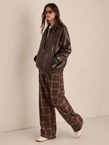 Easelle 秋冬女士咖啡色编织皮夹克 - 棕色 - 查看 4