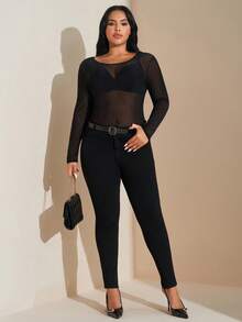 SHEIN Tall CURVE 女式加大码透视网眼长袖上衣 - 黑色 - 查看 5