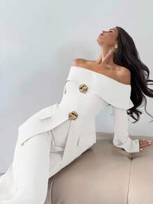 Firerie Bộ 2 món áo dài tay trễ vai thanh lịch và quần dài cho nữ khi đi làm - trắng - Xem 1