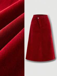 SHEIN MOD Women's Fashionable Solid Color Casual Versatile Denim Skirt With Belt Loop Chic Women Red Corduroy Overlap Front Midi Skirt Versatile High Waist A Line For Everyday Wear Winter Clothes For Women Christmas Women's Clothing New Year Clothes Elegant Skirt For Party Elegant Outfit For Women Christmas Women's Red Skirt