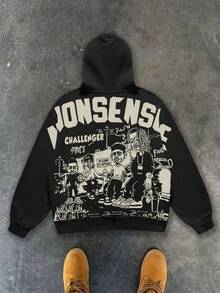 SHEIN Tween Boy Black Autumn Oversized Holiday Back-To-School Graphic Print Sweatshirt,Y2k Grunge Clothes Hip Hop Street-Style "Nonsense" Cartoon Hooded - Black - View 5