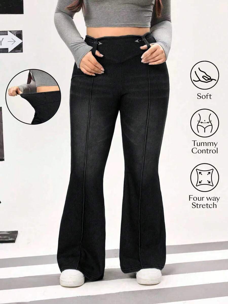 Flexra Quần jean ống loe phía trước đơn giản, thoải mái, dễ mặc, dễ đi làm, cạp cao, size lớn cho nữ - màu đen - Xem 1