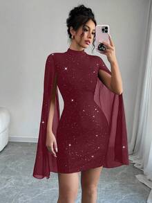 SHEIN Clasi 女款簡約修身短款休閒小立領喇叭袖緊身洋裝，適合新年穿著 - 紅木色 - 查看 4