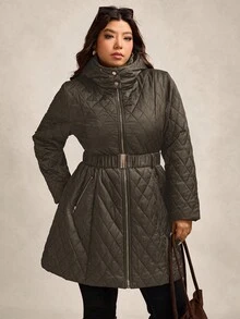 Zelara Quilted Padded Coat With Metal Belt, Plus Size Hooded Coat In Fall/Winter - Coffee Brown - View 5