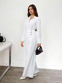 SHEIN Tall 女士白色纯色职业套装优雅高端适合职场社交场合律师医生返校教师高腰版 - 白色 - 查看 1