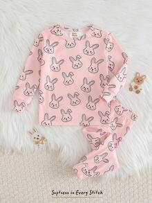 Cozy Pixies 女婴卡通兔子印花针织柔软圆领长袖上衣和松紧腰长裤两件套贴身睡衣套装 - 粉色 - 查看 3