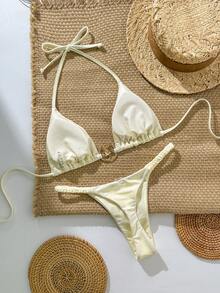 Swim Vcay 女士纯色细肩带金属装饰丁字裤比基尼两件套泳衣，夏季海滩度假 - 米色 - 查看 2