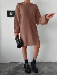 EURMUSE Women's Casual Solid Color Knit Dress, Autumn/Winter - Dusty Pink - View 3