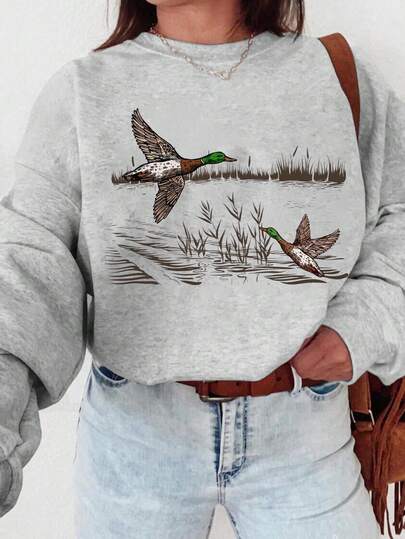 EMERY ROSE Women's Casual Loose Fit Crew Neck Long Sleeve Sweatshirt With Duck Animal Painting Print, Fall Clothes