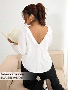 Lounesse Plus Size Casual Solid Color Ruffle Hem T-Shirt, Versatile For Autumn - White - View 1