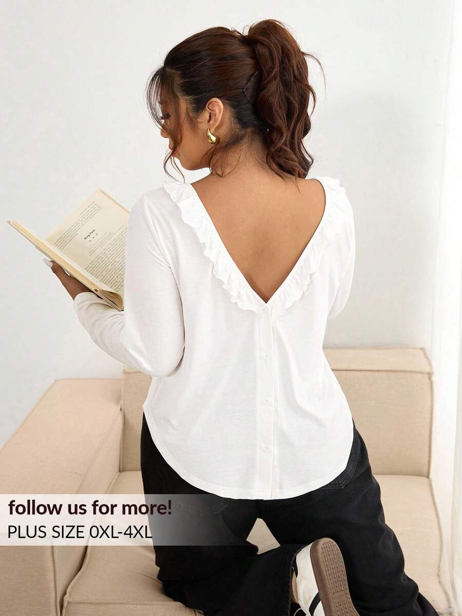 Lounesse Plus Size Casual Solid Color Ruffle Hem T-Shirt, Versatile For Autumn - White - View 1