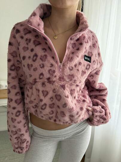 CovetEZ Leopard Print Fleece Zip-Up Hoodie For Women,Long Sleeve Tops Graduation,Back To School Outfits,Graduation,Teacher Outfits For Women,Back To School In Fall/Winter