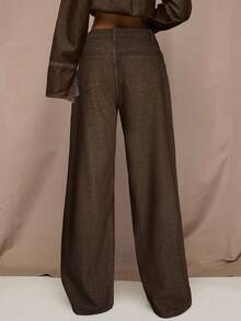 SHEIN BAE Quần jean ống rộng dáng rộng, túi eo bất đối xứng dành cho nữ - màu nâu - Xem 2