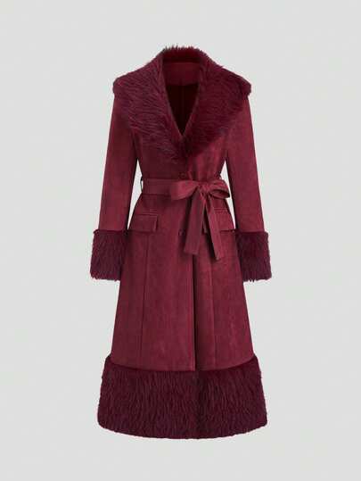 TRNVIE 1 件女士羊毛勃艮第冬季夹克，人造毛领，系带，适合日常穿着、派对和通勤