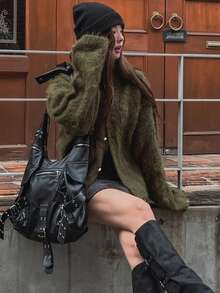 DAZY 柔软宽松圆领女式复古宽松开衫，秋冬款 - 軍綠色 - 查看 8