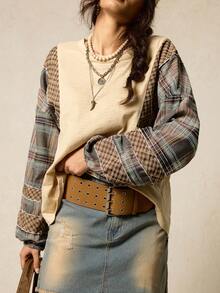 SoleilVie Áo sweatshirt dài tay màu trắng kẻ caro TXV thời trang thu/đông, kiểu dáng rộng rãi phong cách Bohemian, màu nâu, thích hợp cho các hoạt động mùa đông dành cho nữ dịp Giáng sinh và Năm mới. - Nhiều màu - Xem 5