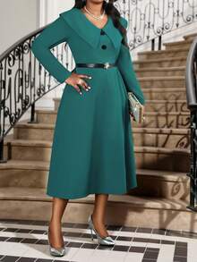 Fleurora Robe ample pour femmes de grande taille, élégante, de couleur unie, avec col claudine, taille cintrée et ourlet évasé avec ceinture, pour le printemps/l'automne - Vert sapin - Voir 5