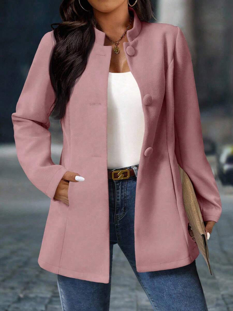 SHEIN PETITE CURVE Plus Size Women Elegant Stand Collar Overcoat With Pockets