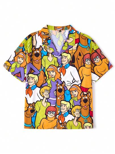 SCOOBY-DOO X SHEIN Men's Plus Size Casual Vacation Style Fashion Street All-Over Print Lapel Collar Short Sleeve Loose Shirt, Summer