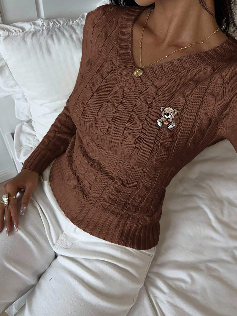 SHEIN EZwear Women's Casual Cable Knit V-Neck Bear Pattern Sweater, Autumn/Winter Brown Sweater Coffee Brown Top Brown Top Women Brown Long Sleeve Top Chocolate Brown Top,Fall,Fall Clothes For Women - Mocha Brown - View 1