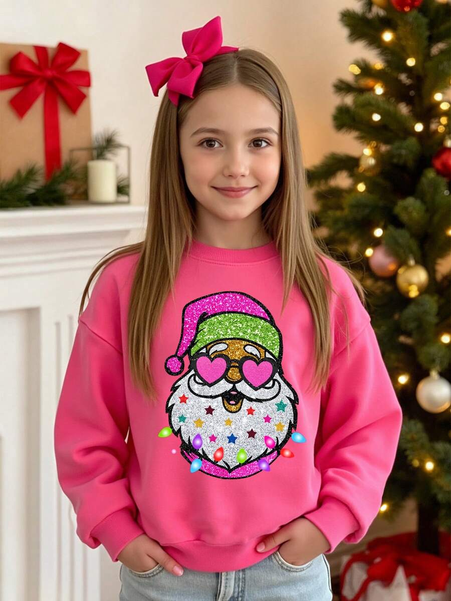 SHEIN 圣诞快乐少女时尚创意可爱圣诞老人圣诞氛围标语印花圆领卫衣，适合圣诞派对 - 玫紅色 - 查看 1