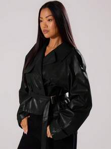 MUSERA PU Faux Leather Jacket Coat Tie Waist Cinched Pocket Detail Crop Trench Style Casual Everyday Winter Fall Autumn Outerwear Spring Vacation - Black - View 5